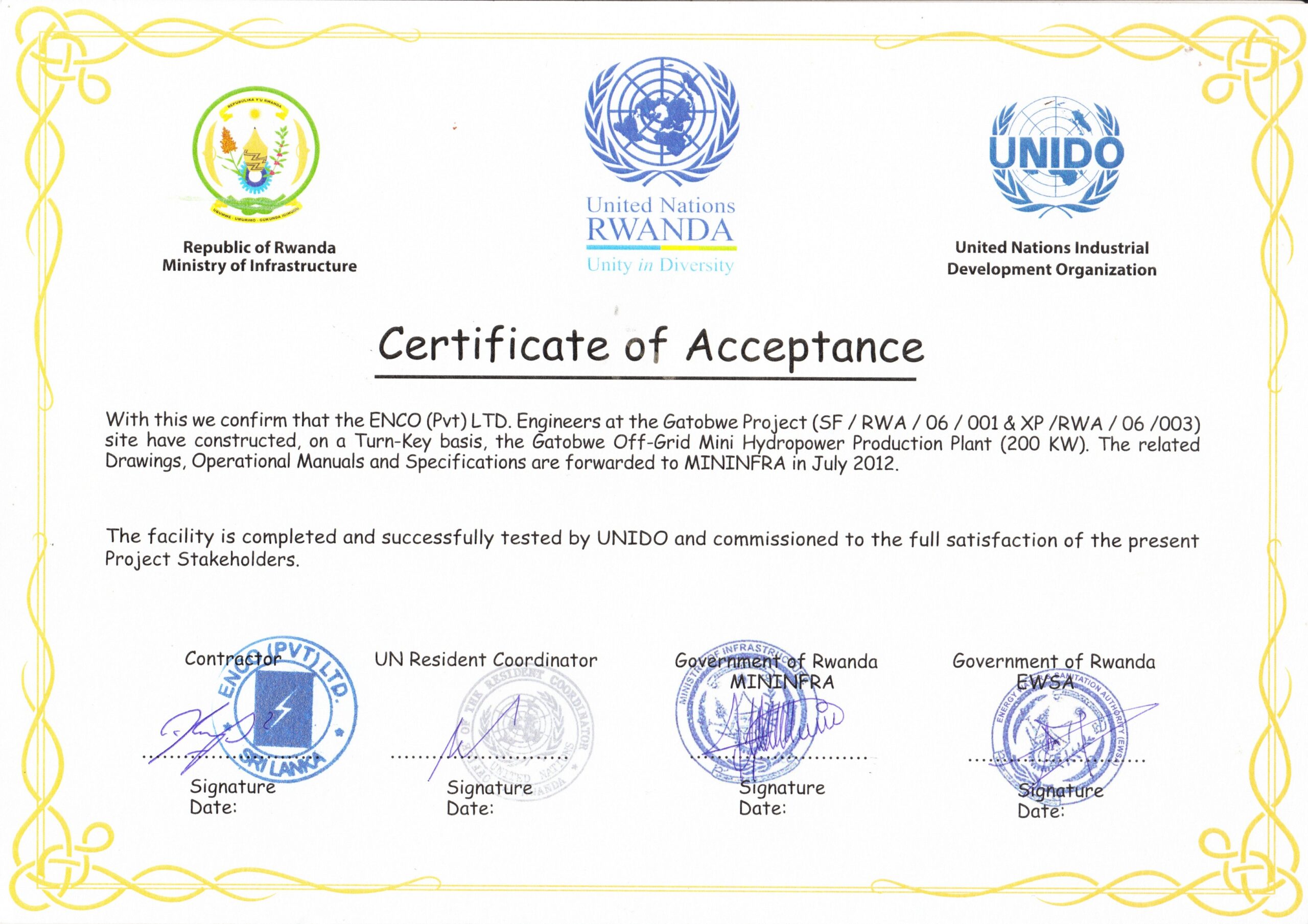 Certificates - International Hydro power Projects Hpi.lk 2018 Gatobwe UNIDO Projects