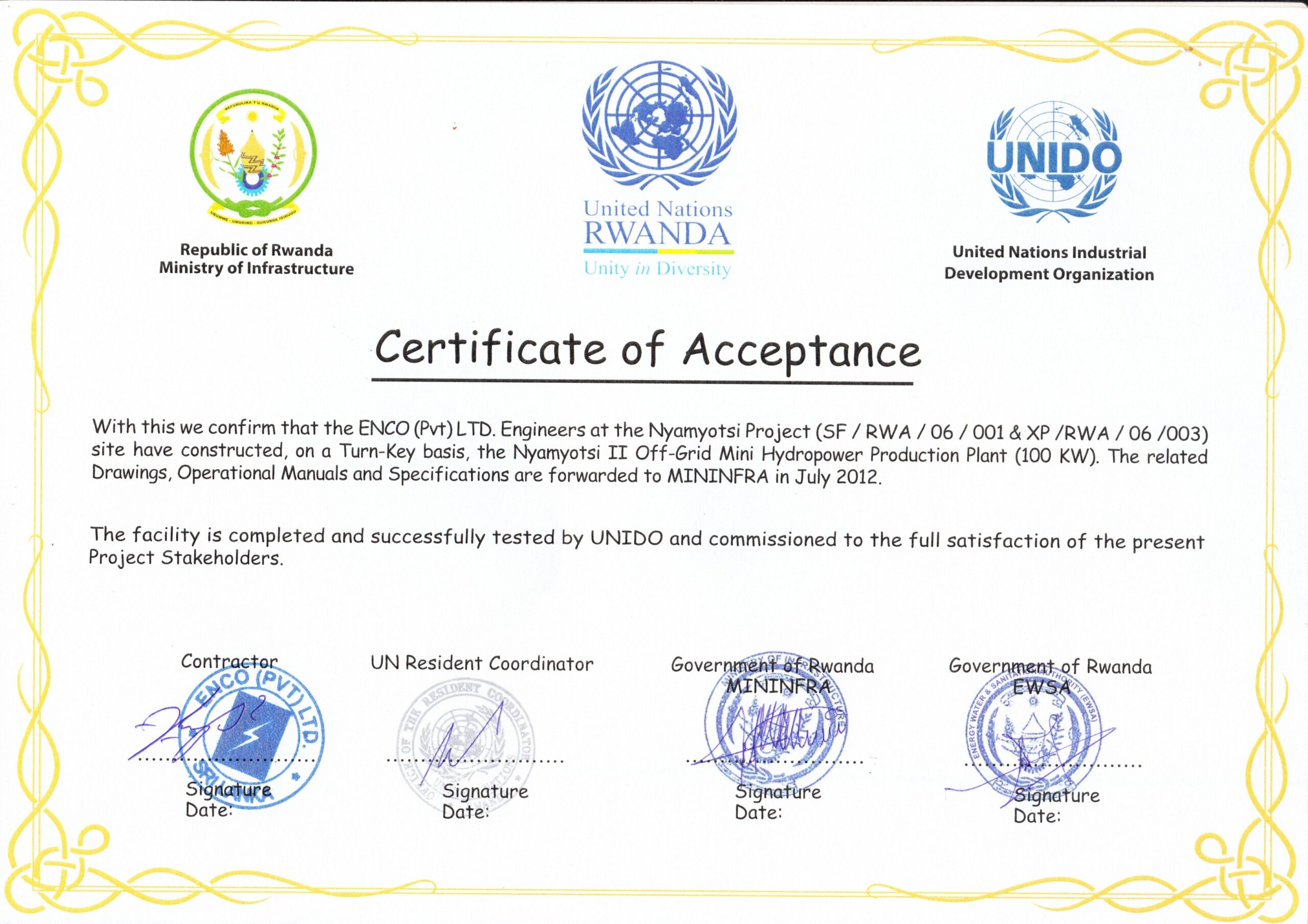 Certificates - International Hydro power Projects Hpi.lk 2018-Nyamyotsi UNIDO Projects