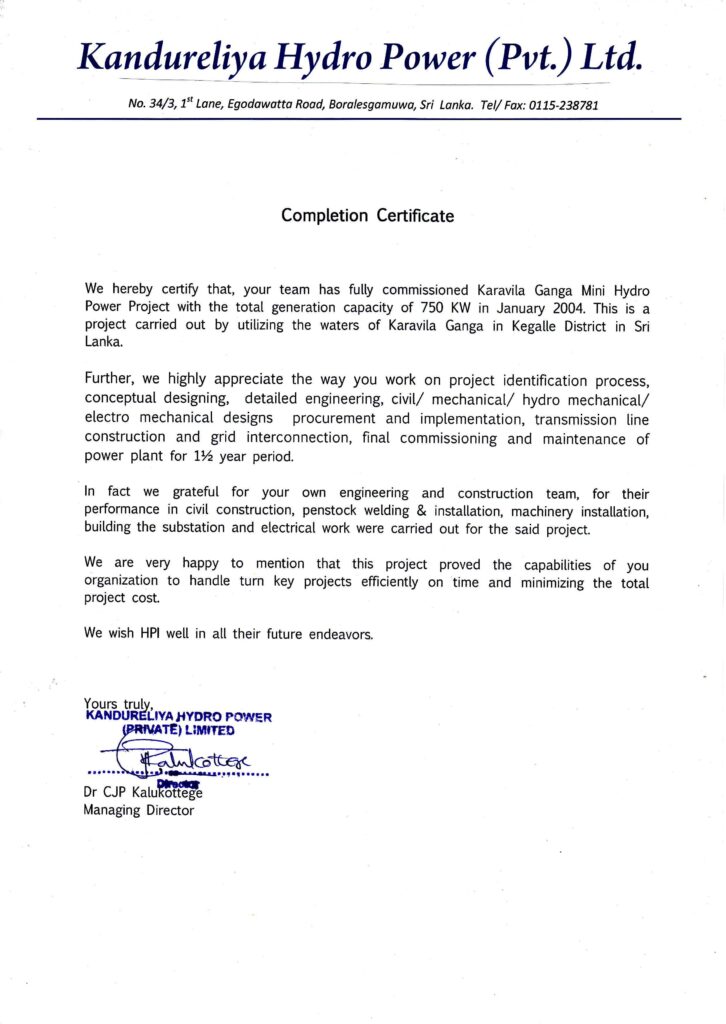 Certificates - Sri Lanka Hydro power Projects Hpi.lk