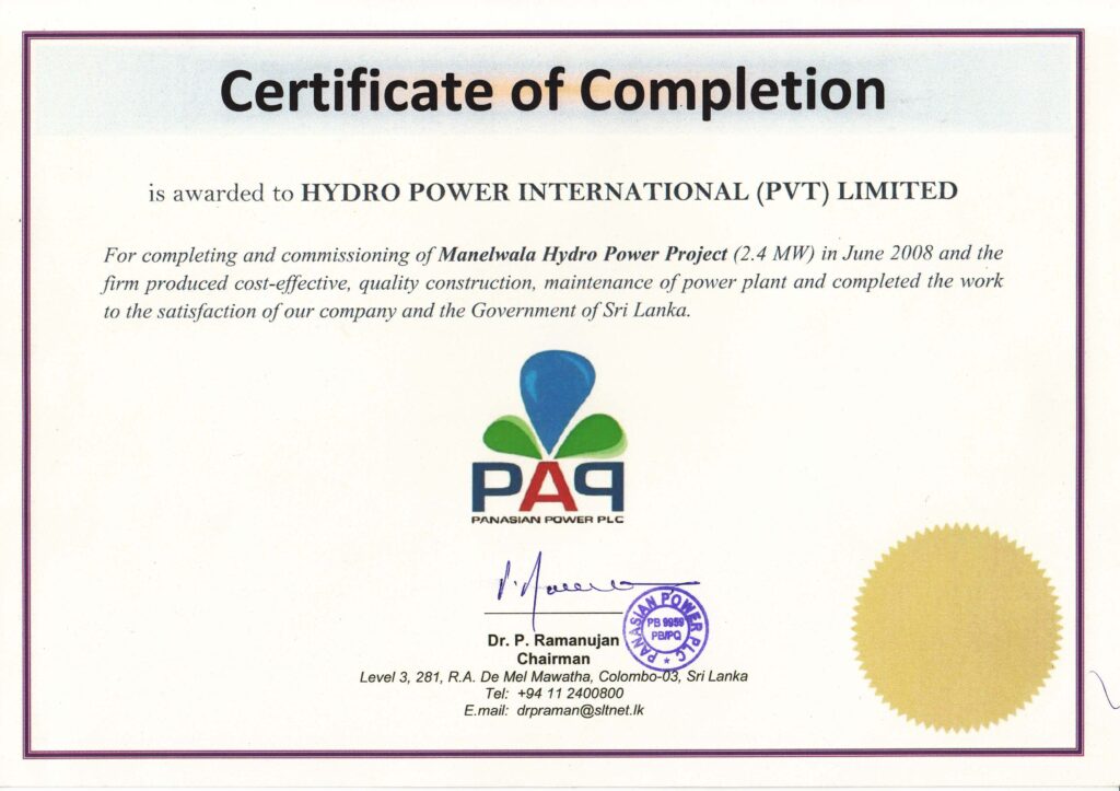 Certificates - Sri Lanka Hydro power Projects Hpi.lk