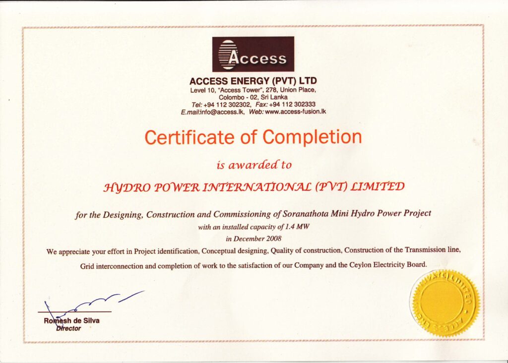 Certificates - Sri Lanka Hydro power Projects Hpi.lk